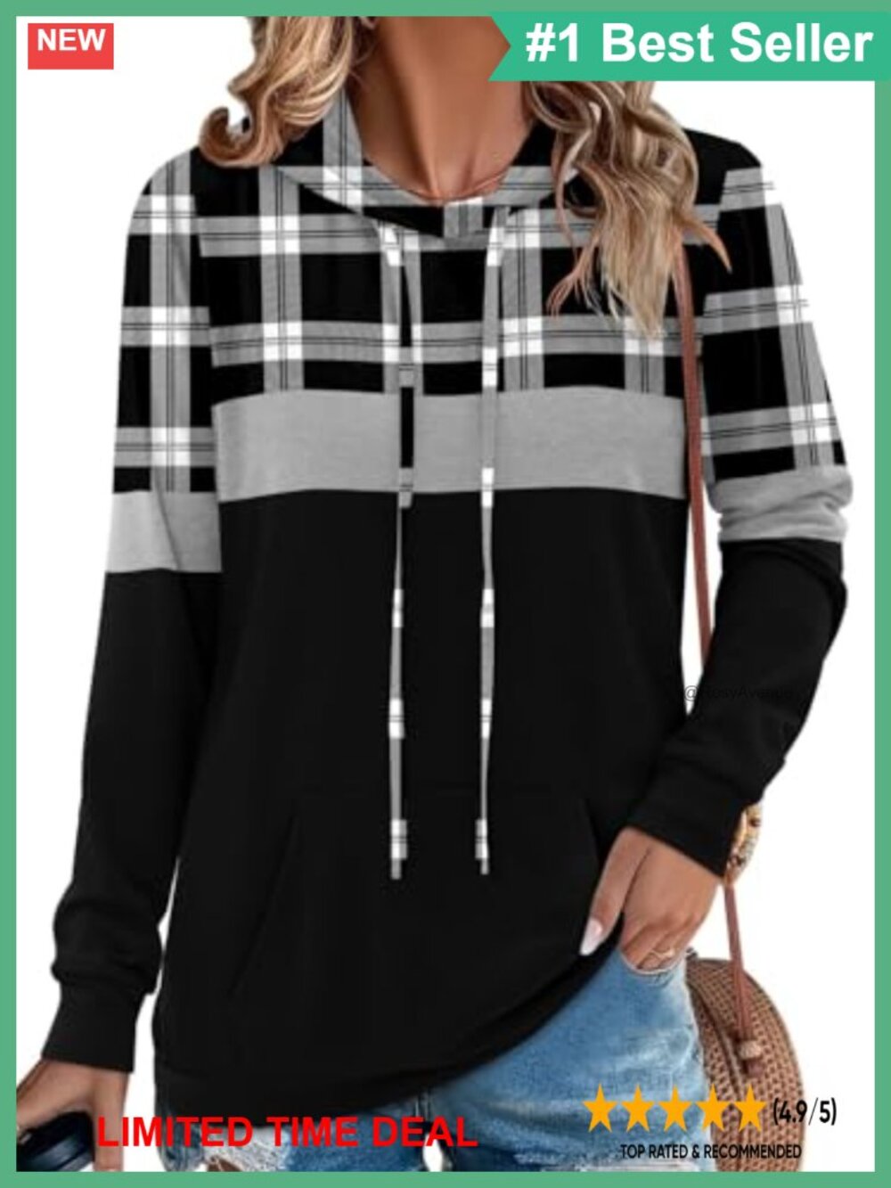 Women's Long Sleeve Plaid Hoodie Pullover Sweatshirt with Kangaroo Pocket